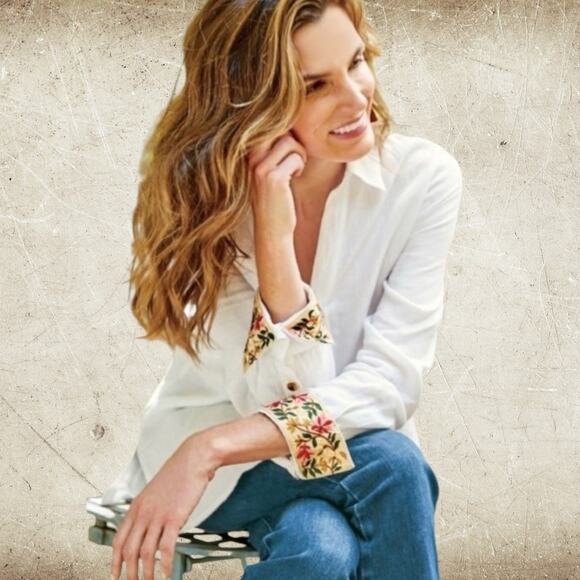 Soft Surroundings Linen Tunic Size 1X Flora Blanco Button Up Embroidered Cuff - Picture 1 of 10